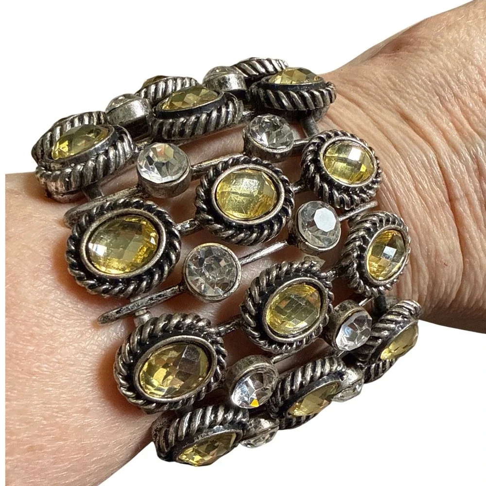 Vintage style Yellow Clear Crystal Antiqued Silver Tone Wide Stretch Bracelet